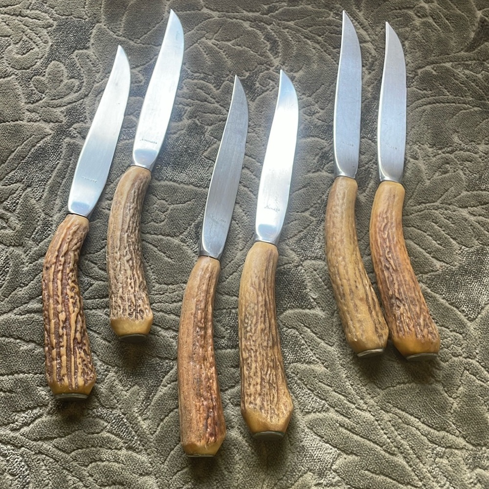 (6) Antler (Bone) Handle Knives with Stainless  Blades Old Money Hunting Lodge